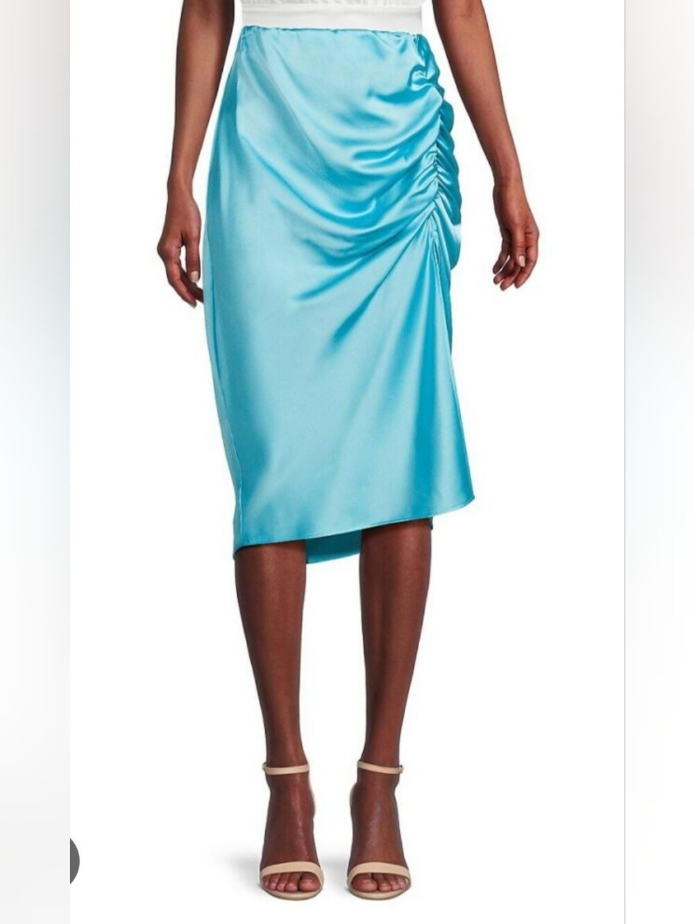 Renee C. Satin Ruched Midi Skirt in Aqua